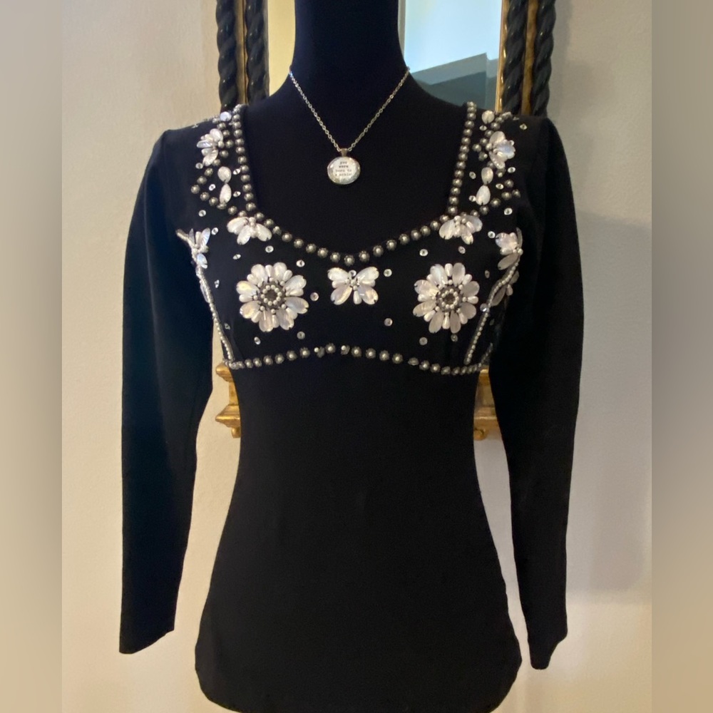 Jenni Max Women’s Long Sleeve Shirt with Rhinestones, Size 6, Black